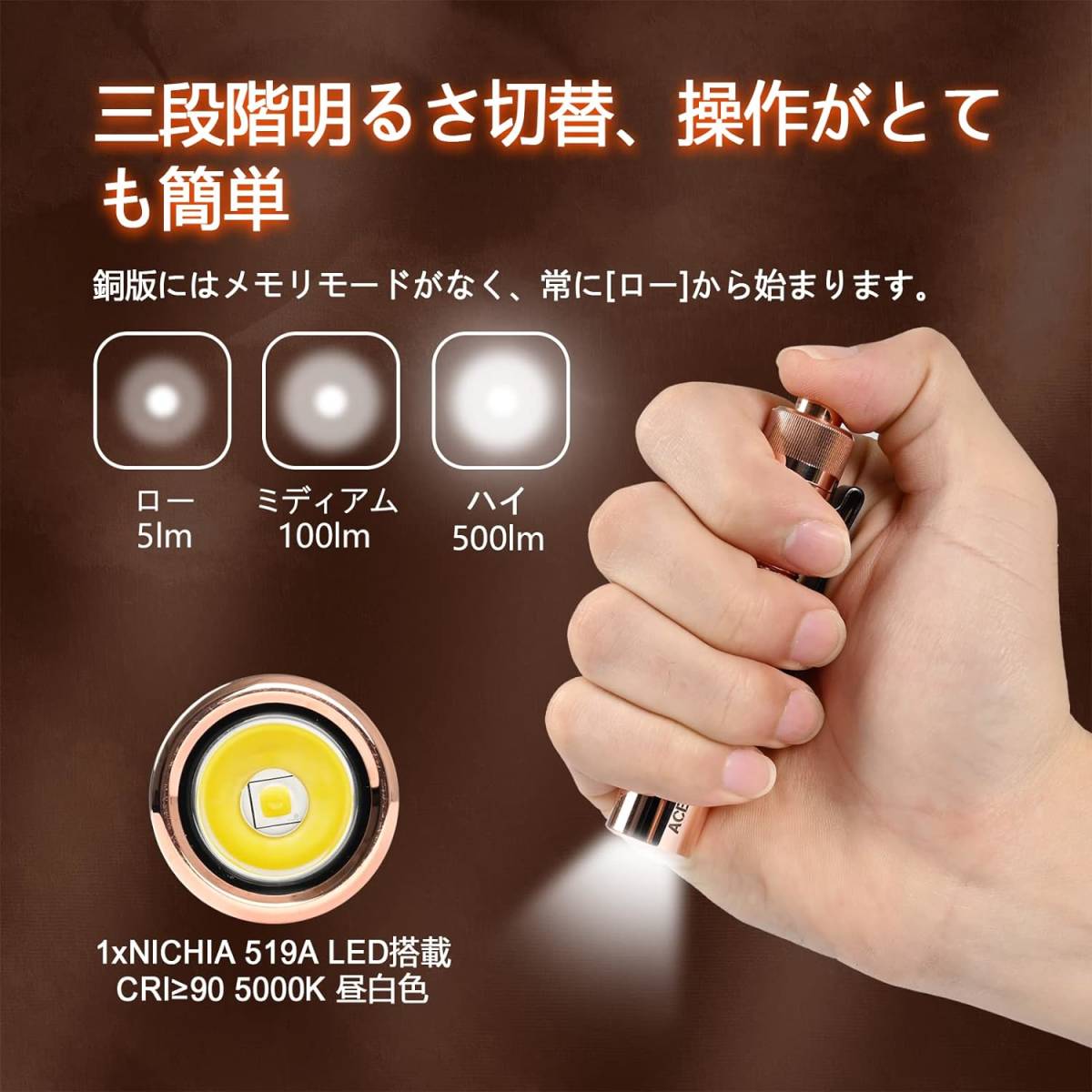 小型軽量なのに強力！ 550ルーメン USB-C充電対応単三電池付属 懐中電灯 LEDライト 3段階調光 IP68防水 ブロンズカラー