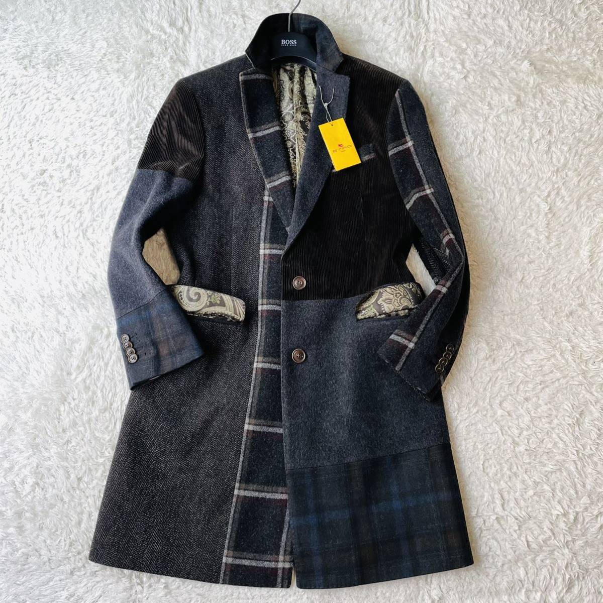 新品◆定価55万円！希少XLサイズ！エトロ ETRO チェスターコート ロングコート カシミヤ ウール パッチワーク ペイズリー 裏地総柄 シルク_画像7