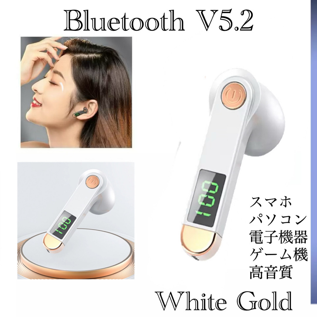 Bluetooth 5.2 イヤホン ワイヤレスイヤホン LED 画面 iPhone アンドロイド 対応 イヤフォン イヤホンマイク 片耳　白　1_画像1