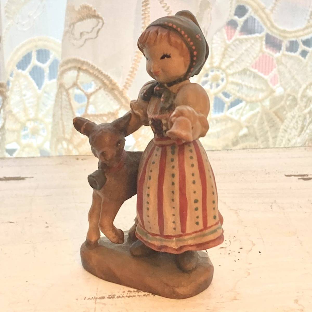  Anne liANRI Vintage tree carving doll ornament young lady . goat Italy made Vintage ITALY
