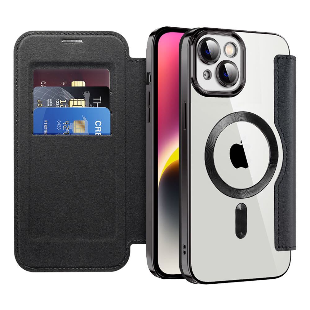 iPhone 14 plus キルティングケース アイフォン14 プラス クリア レザーケース iPhone14 plus カバー 透明 MagSafe充電 手帳型 ブラック