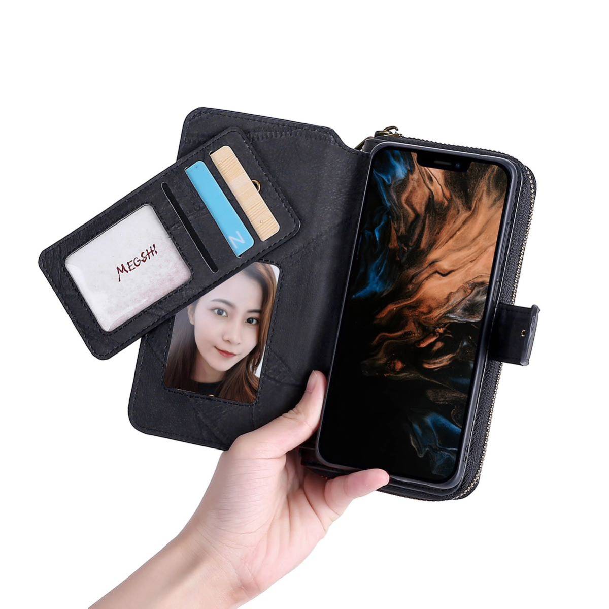 iPhone 13 mini レザーケース アイフォン13 ミニ ケース 手帳型 お財布付き カード収納 財布型 ストラップ付き ブラックの画像3