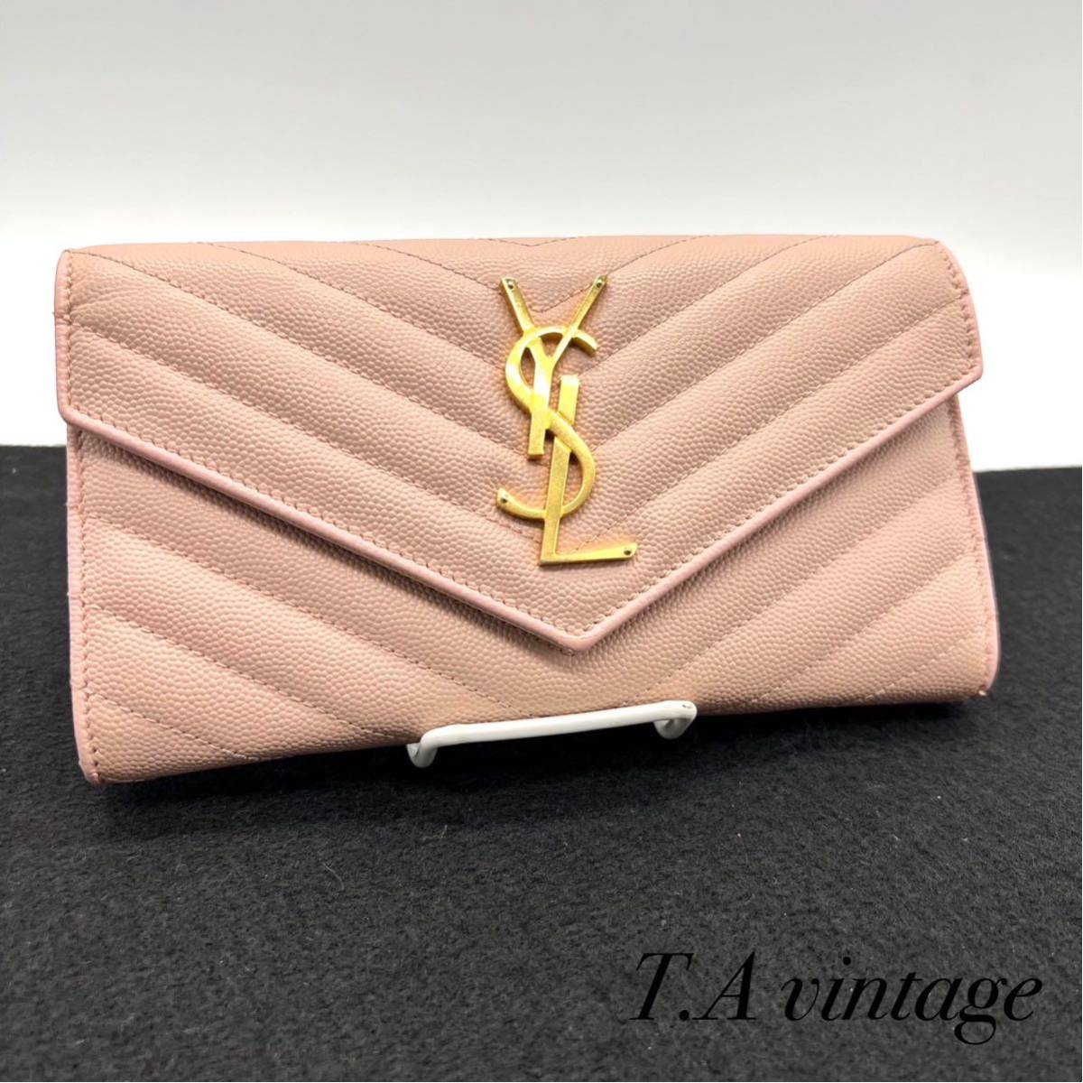 美品！サンローラン パリ YSL Vステッチ 長財布 ピンク-