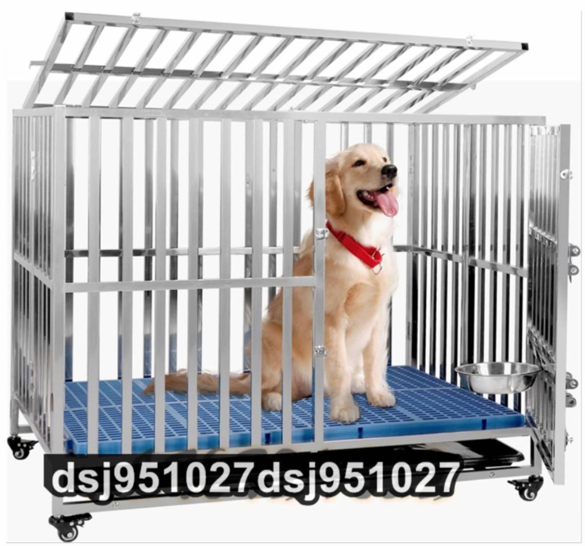 犬用ケージ ステンレス鋼製 キャスター付き ダブルドア/トレー/マット/給餌器付き 耐荷重250KG 折り畳み式 110*72*92cm