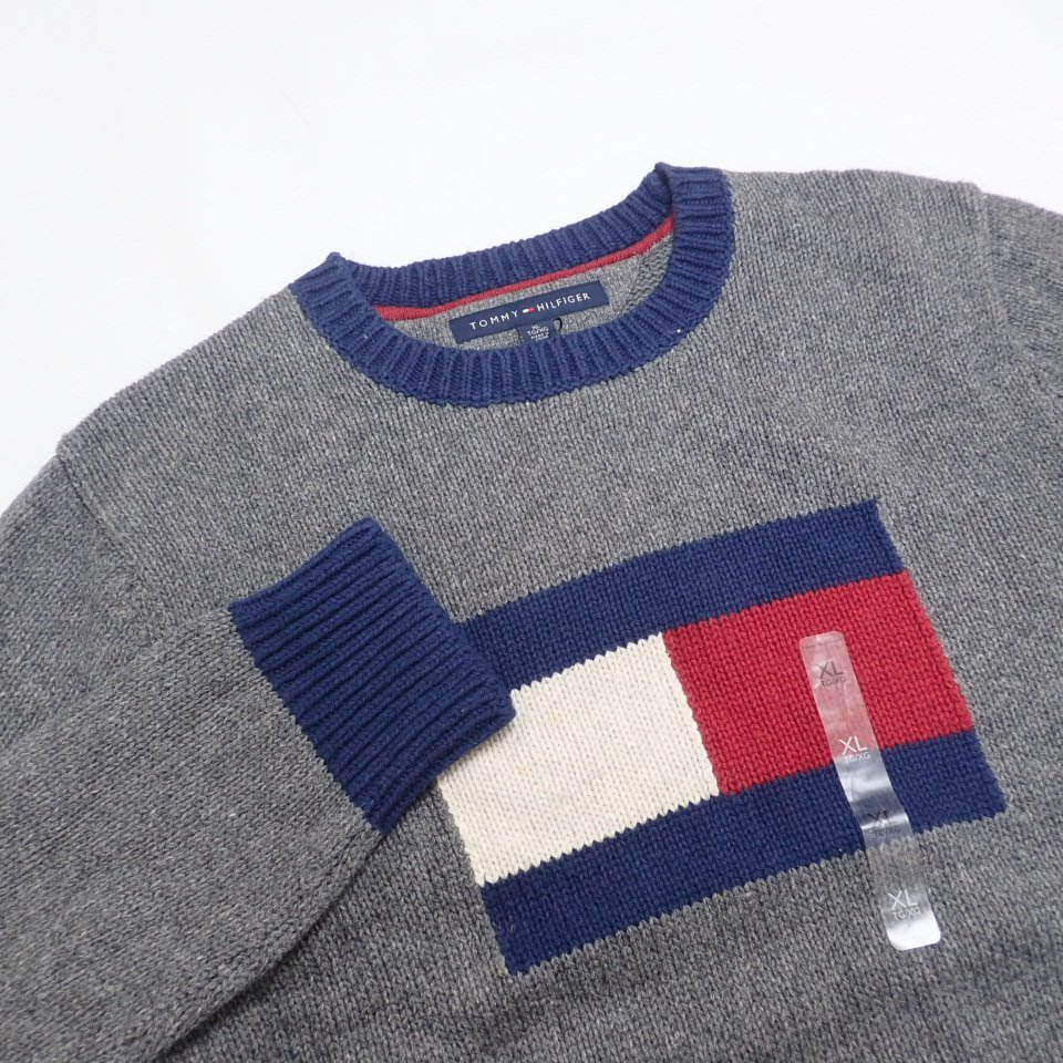 □未使用 Tommy Hilfiger/トミーヒルフィガー クルーネックニット/セーター メンズXL/グレー/ロゴ柄/コットン×ウール/タグ付き&1851000023_画像3