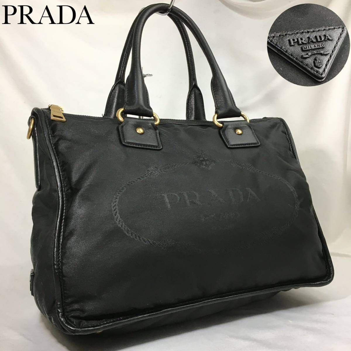 1円 美品 ロゴ ジャガード A4収納 トートバッグ プレート PRADA プラダ