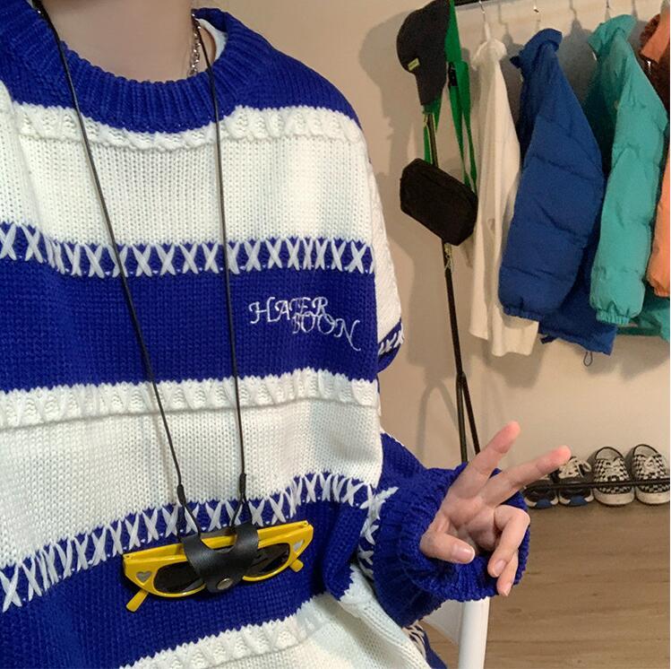 メンズ セーター トップス 韓国風 長袖 ボーダー柄 丸首 大きいサイズ ゆったり オーバーサイズ 秋冬 メンズファッション 色M-3XL_画像9