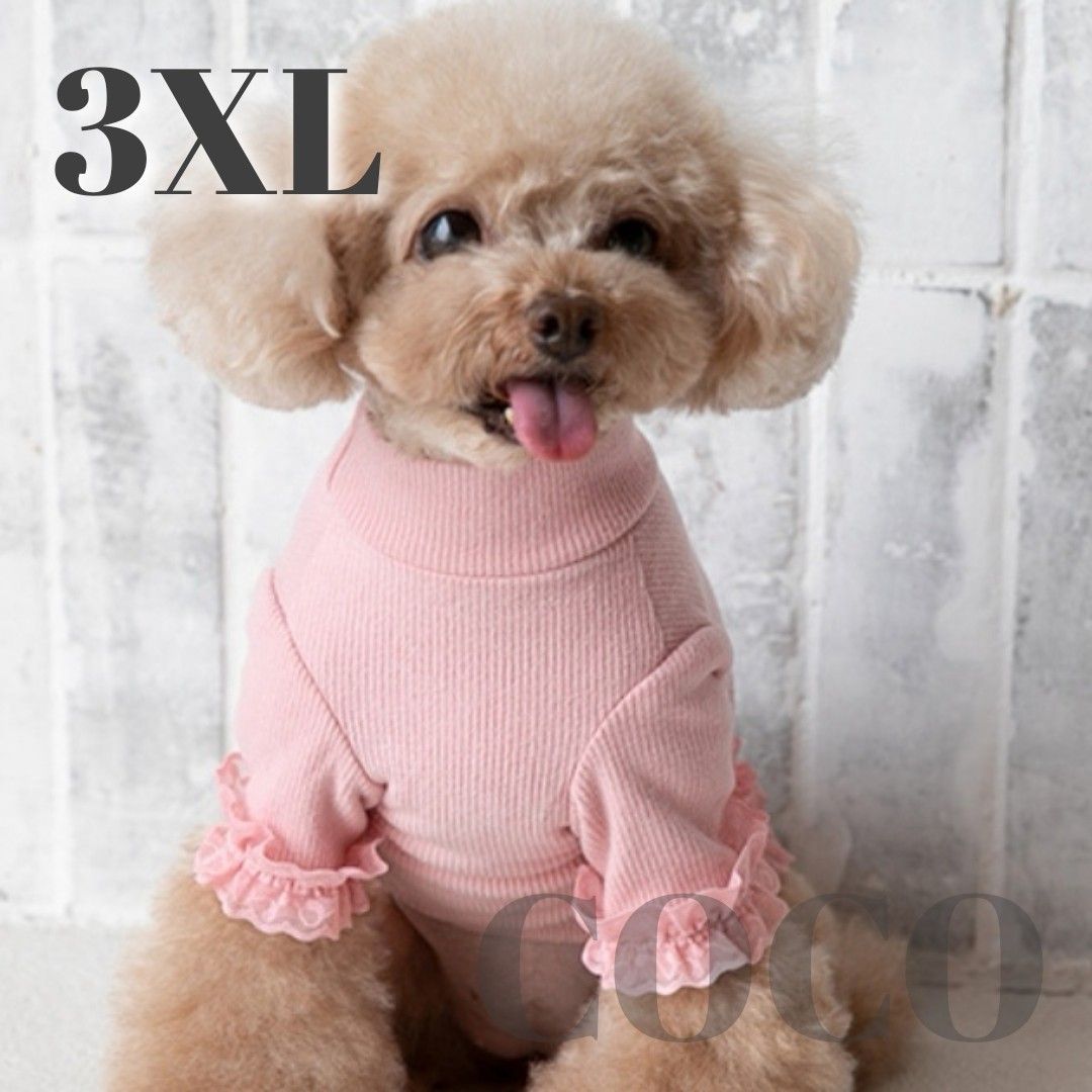 ６７　ピンク３XLサイズ　姫系長袖フリルニット　犬服犬の服犬の洋服秋冬