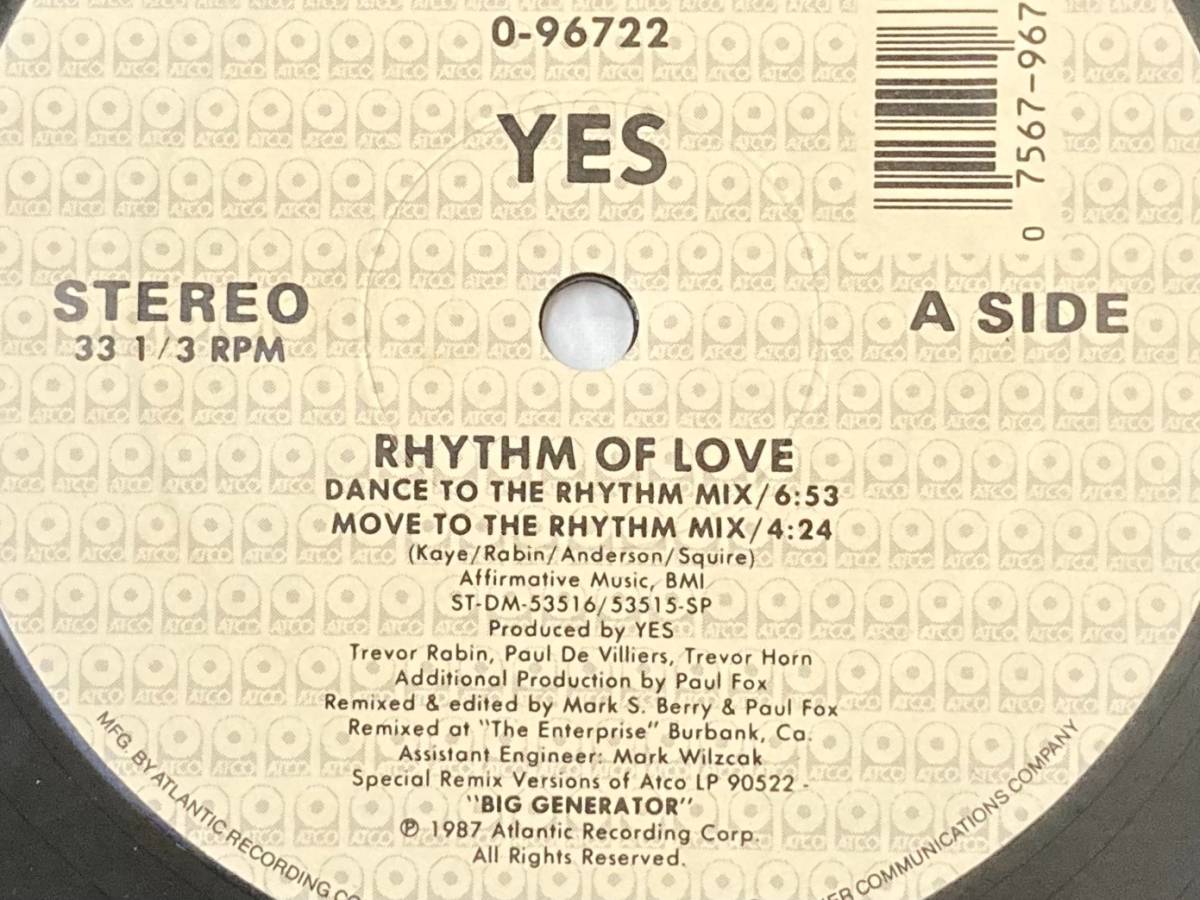 【80's】Yes / Rhythm Of Love （1987、12inch Maxi-Single、US盤、２-Remixes、The Rhythm Of Dub、City Of Love (Live Edit)）_画像3