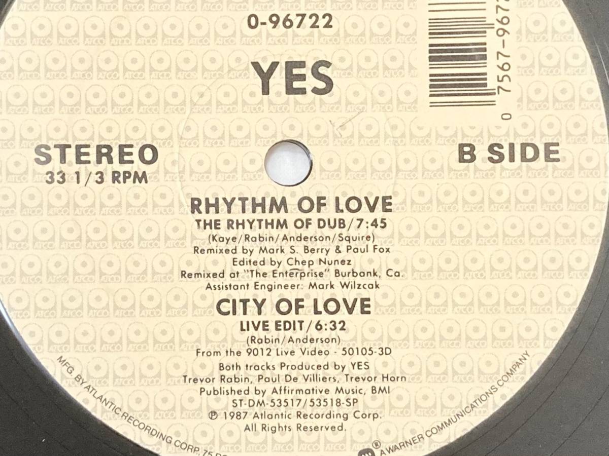 【80's】Yes / Rhythm Of Love （1987、12inch Maxi-Single、US盤、２-Remixes、The Rhythm Of Dub、City Of Love (Live Edit)）_画像4