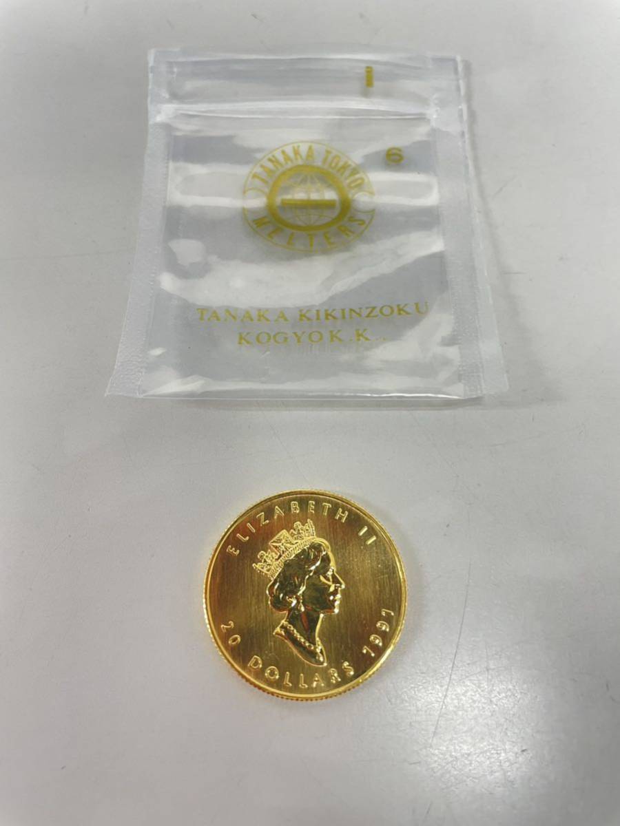 【極美品】K24 金貨幣　カナダ　メイプルリーフ金貨　20ドル　重量15.5g 1991年　純金　9999 CANADA FINE GOLD 1/2OZ OR PUR_画像1