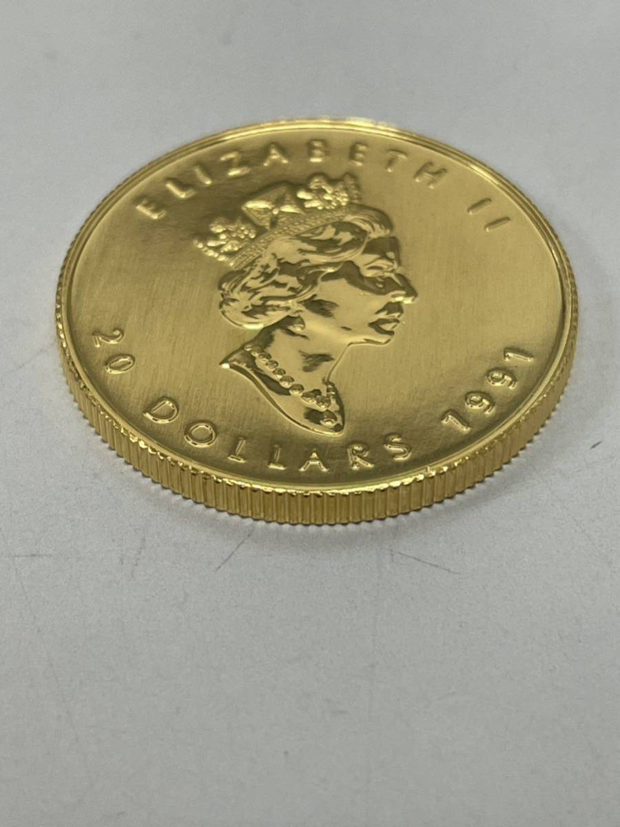 【極美品】K24 金貨幣　カナダ　メイプルリーフ金貨　20ドル　重量15.5g 1991年　純金　9999 CANADA FINE GOLD 1/2OZ OR PUR_画像5