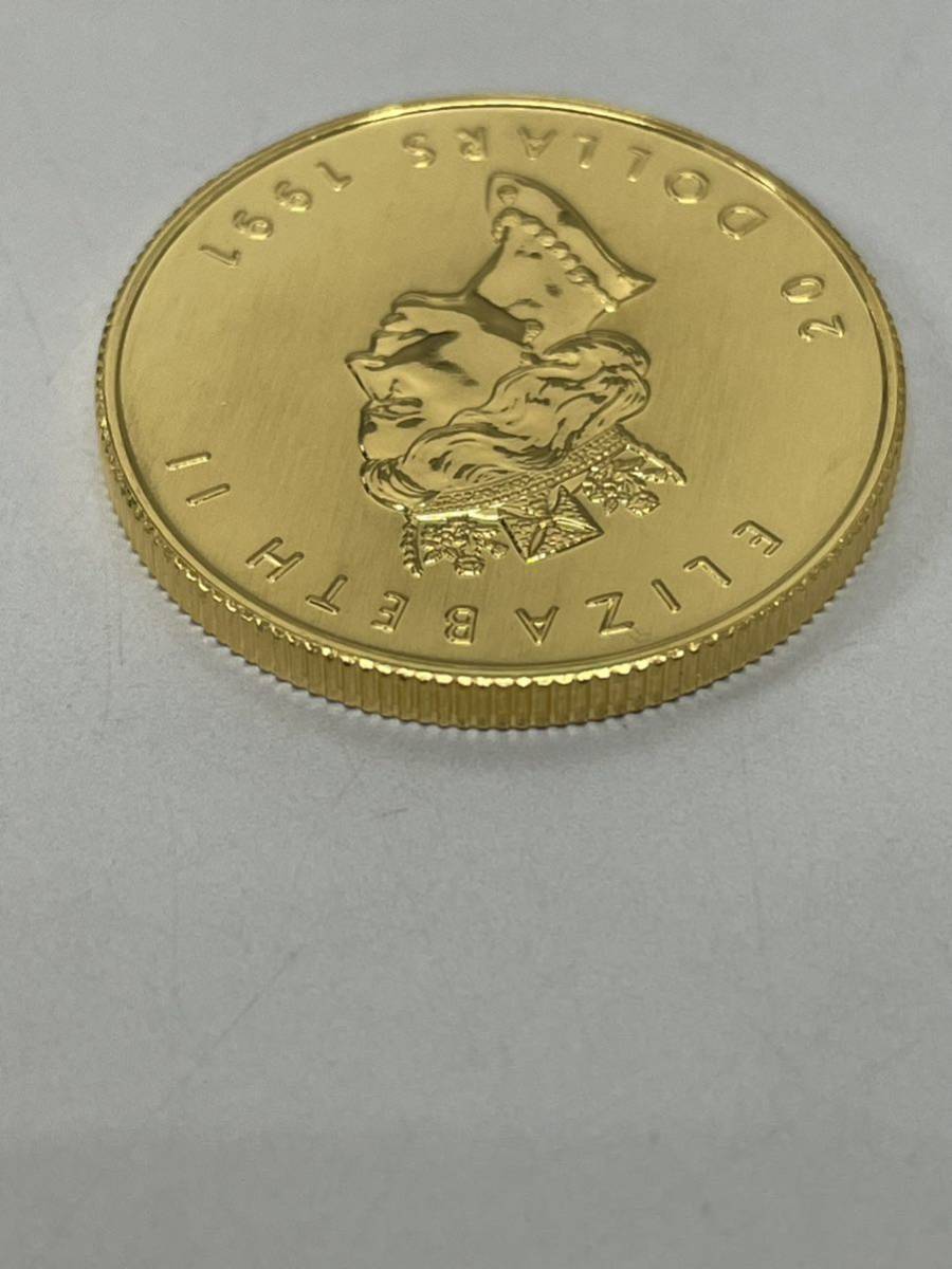 【極美品】K24 金貨幣　カナダ　メイプルリーフ金貨　20ドル　重量15.5g 1991年　純金　9999 CANADA FINE GOLD 1/2OZ OR PUR_画像6
