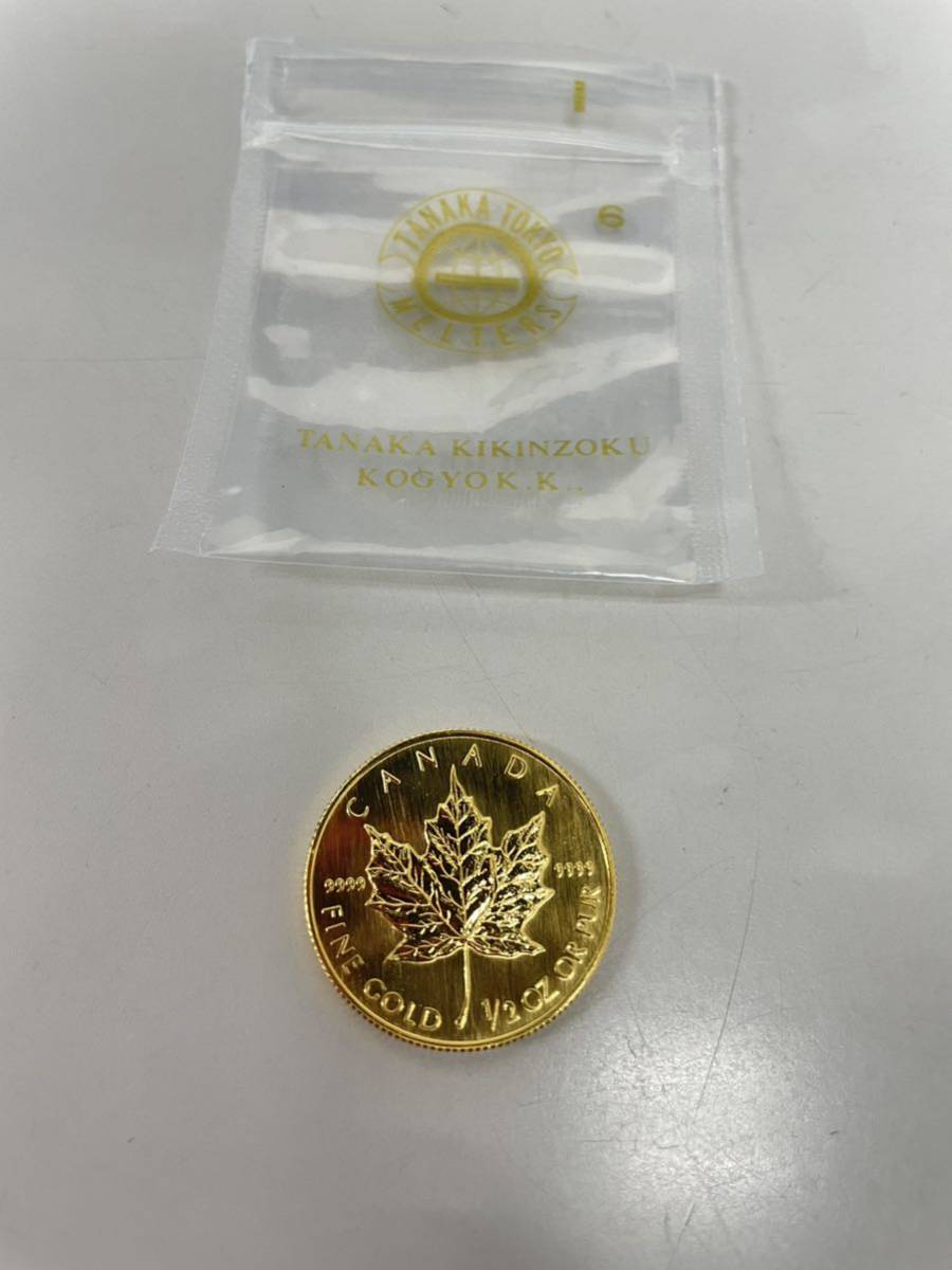 【極美品】K24 金貨幣　カナダ　メイプルリーフ金貨　20ドル　重量15.5g 1991年　純金　9999 CANADA FINE GOLD 1/2OZ OR PUR_画像2