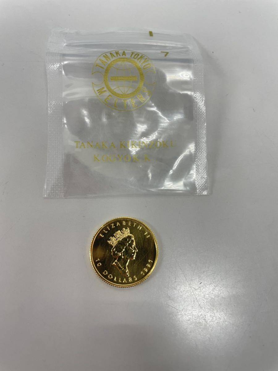 【極美品】K24 金貨幣　カナダ　メイプルリーフ金貨　10ドル　重量7.7g 1991年　純金　9999 CANADA FINE GOLD 1/4OZ OR PUR_画像1