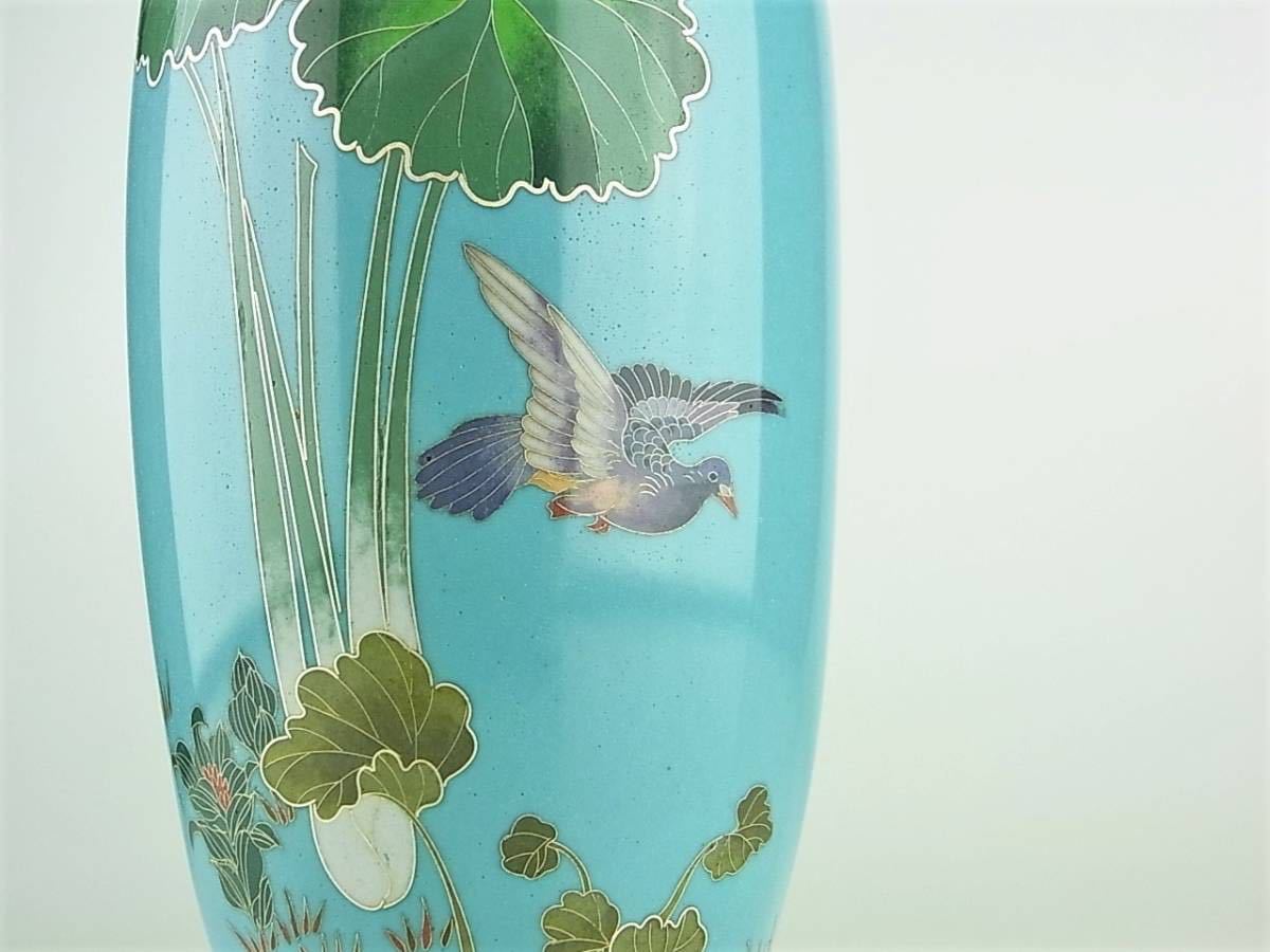 明治時代 尾張七宝 銀線植線 野鳥蓮図銀線七宝花瓶 美術館級の逸品