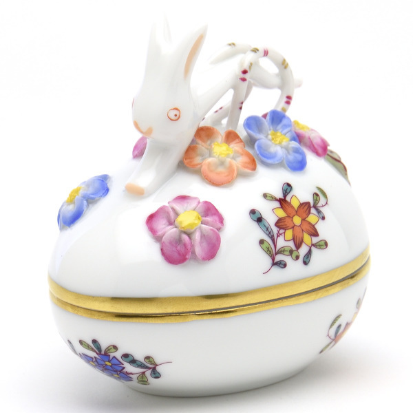 ヘレンド(Herend) ボンボン入れ 小筐 アポニーフラワー 卵形ボックス(兎と花の飾り) 手描き 磁器 小物入れ 飾り物 新品