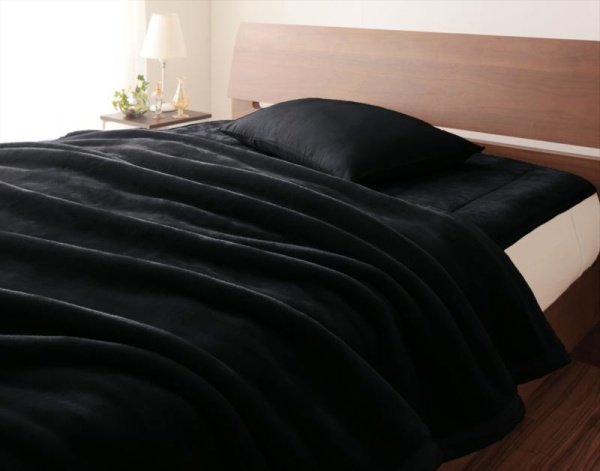 上質マイクロファイバー 厚い 毛布 と 敷パッド のセット ダブルサイズ 色-ジェットブラック /寝具 もうふ モウフ 洗濯可 あったかい