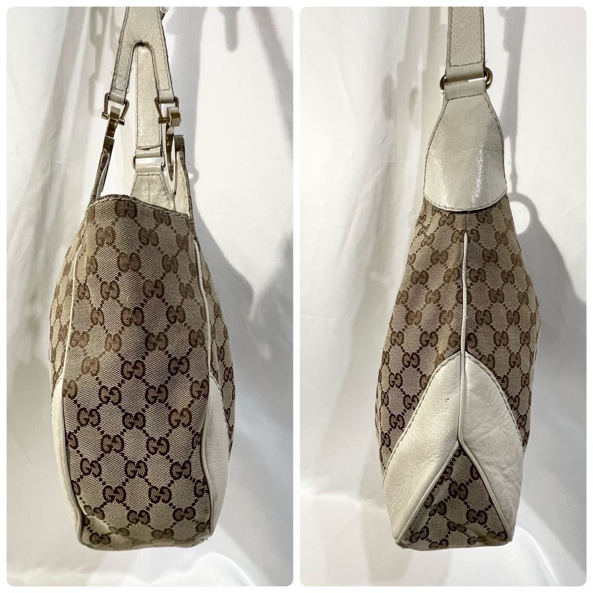 正規品 GUCCI グッチ ショルダーバッグ GGキャンバス ロゴ金具 ホワイト 白 ベージュ 肩掛け 斜め掛け レザー 革_画像5