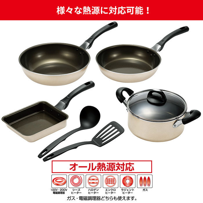 フライパン 26cm/炒め鍋 28cm/玉子焼き器/両手鍋 20cm お玉・ターナー付き ih セット こびりつきにくい 深型 アルミ ガス火 M5-MGKYM00112_画像4