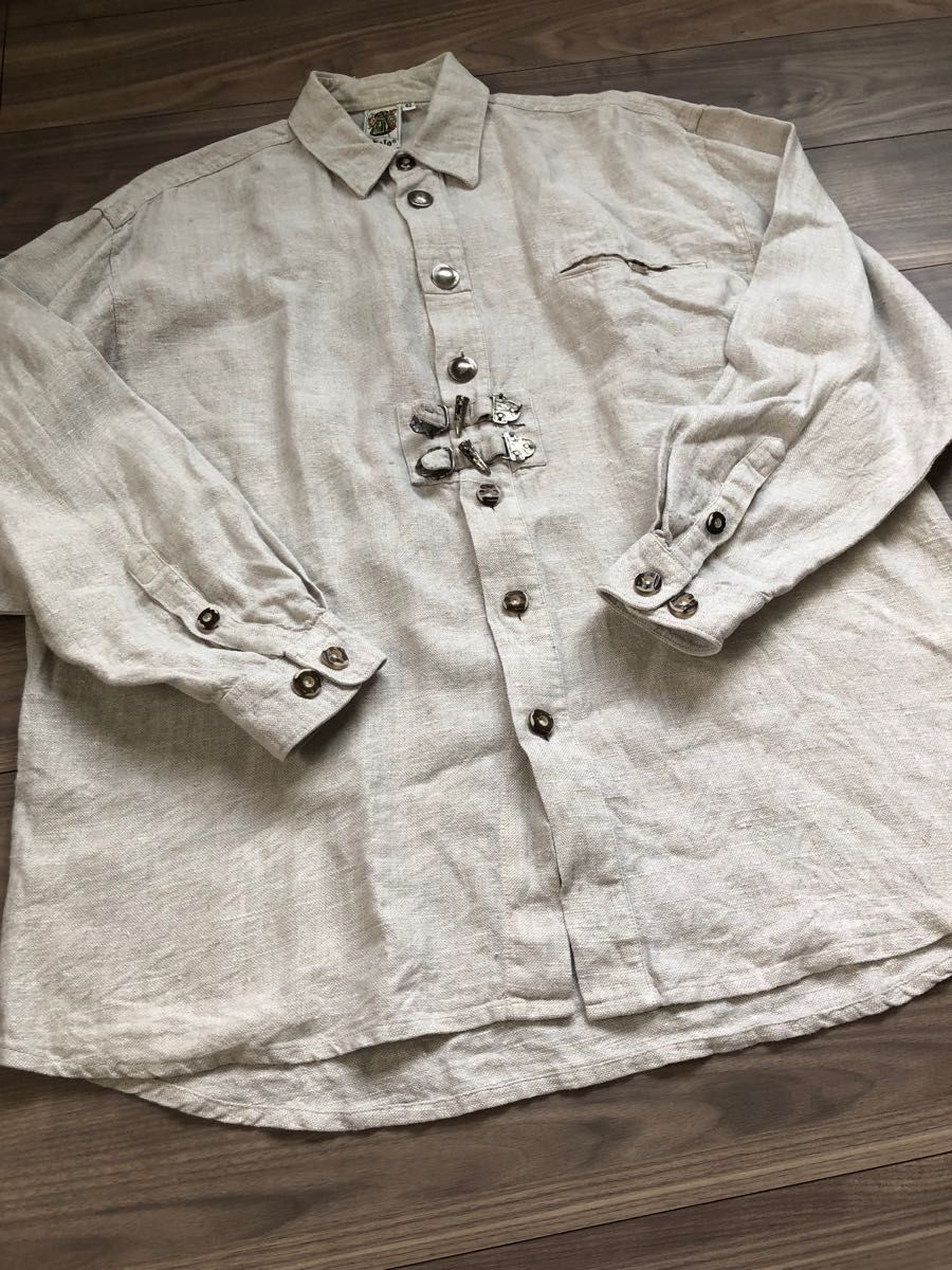 チロリアンシャツリネン100%メタルボタン金具装飾 長袖シャツ ボタンダウン シャンブレーシャツ SHIRT