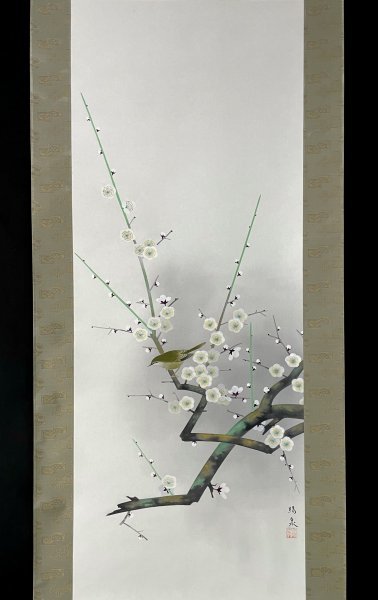 ［真作］郡賜泉 作「梅に鶯」絹本 花鳥図 鳥獣 日本画 絵画 日本美術 掛軸 共箱 タトウ_画像4