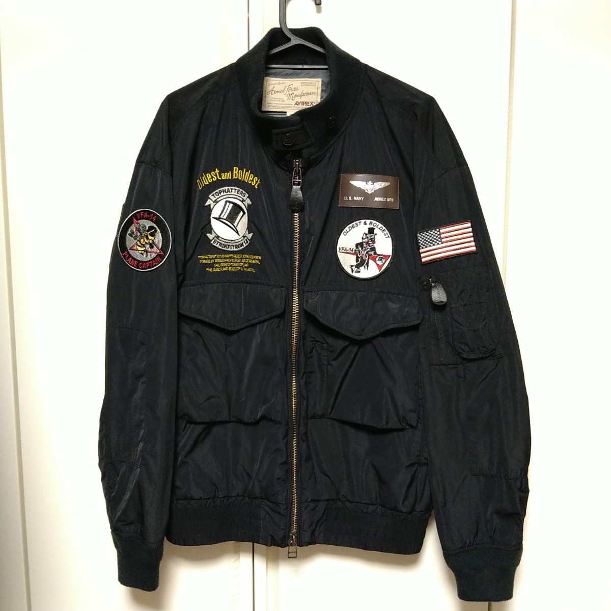 AVIREX フライトジャケット MA-1 刺繍ワッペン VFA-14 黒 XL-