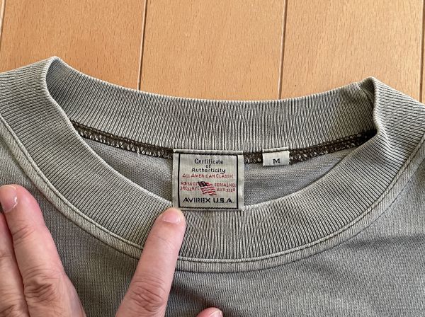 ＜古着＞AVIREX　OD色　オリーブ　Tシャツ　米Mサイズ　日約Lサイズ　1990年代購入　米国製_画像3