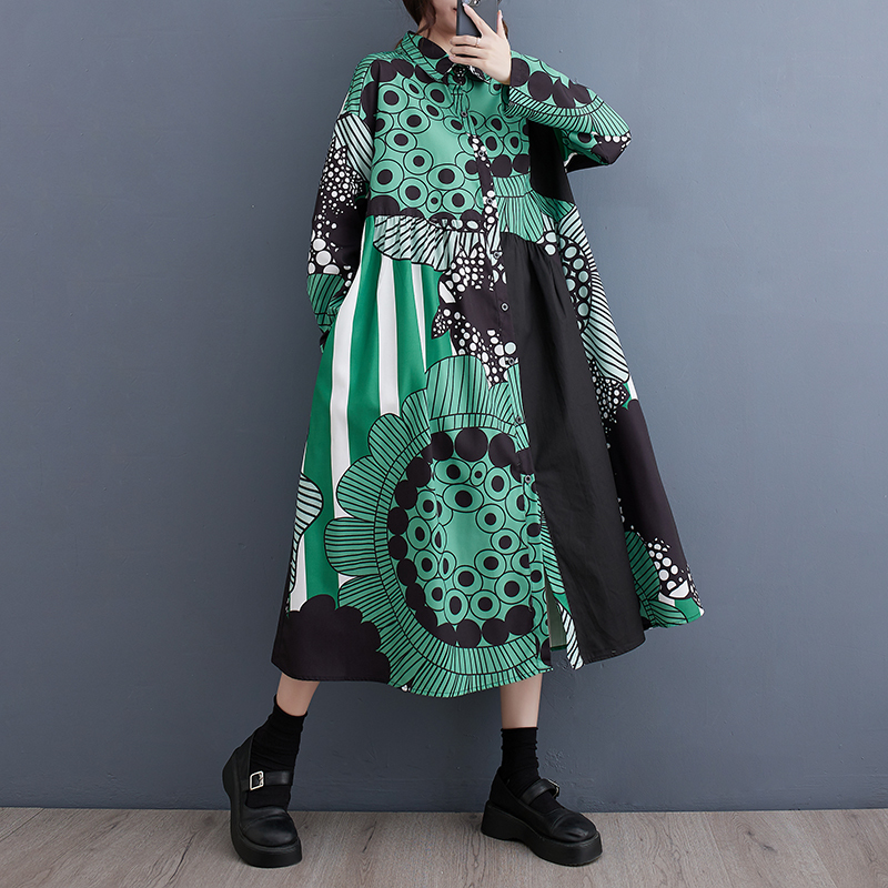 [ including in a package 1 ten thousand jpy free shipping ] autumn new work * lady's * casual * easy large size * body type cover * print * long shirt One-piece * green 