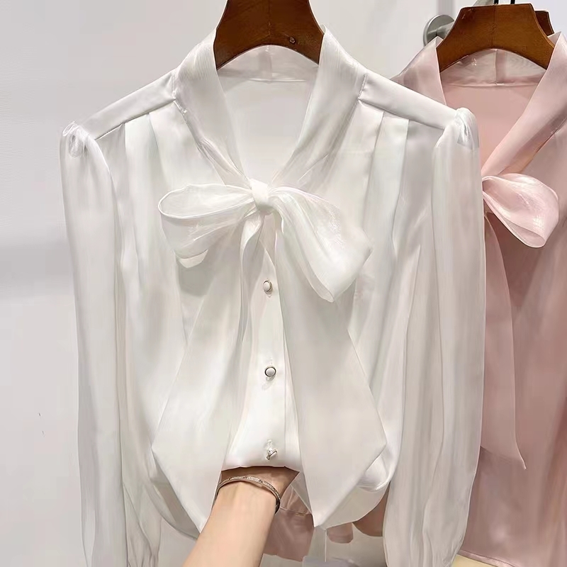 [ including in a package 1 ten thousand jpy free shipping ] autumn * new work * dressing up * lady's * beautiful .* plain * chiffon * ribbon * bow Thai * long sleeve blouse shirt *S~XXL* pink 