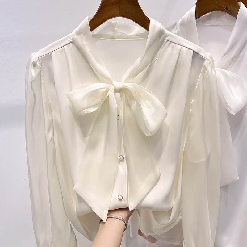 [ including in a package 1 ten thousand jpy free shipping ] autumn * new work * dressing up * lady's * beautiful .* plain * chiffon * ribbon * bow Thai * long sleeve blouse shirt *S~XXL* pink 