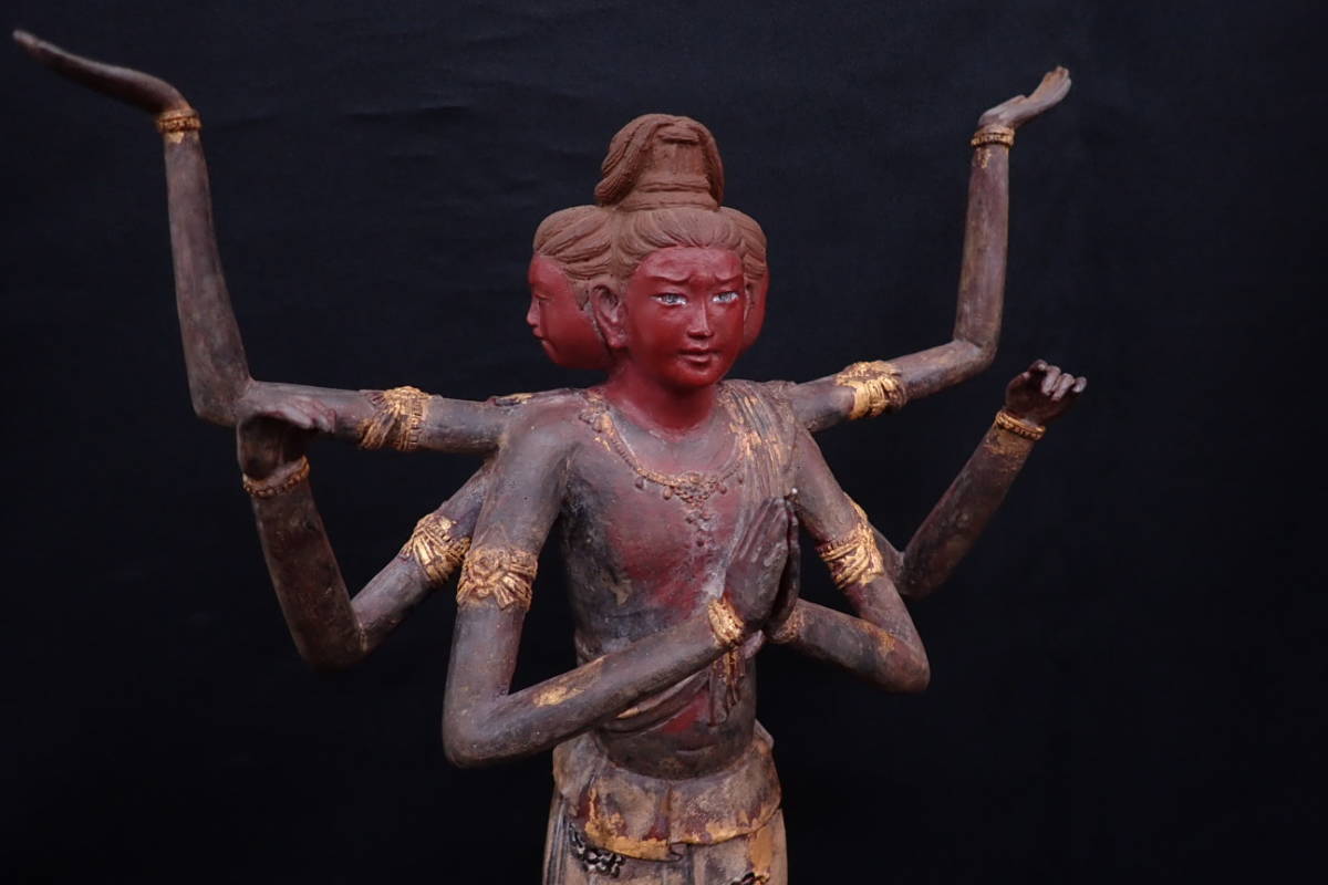仏教美術 三面六臂阿修羅像 立像 仏像 銅地 全高41.2cm 重量3831g G10021K_画像4