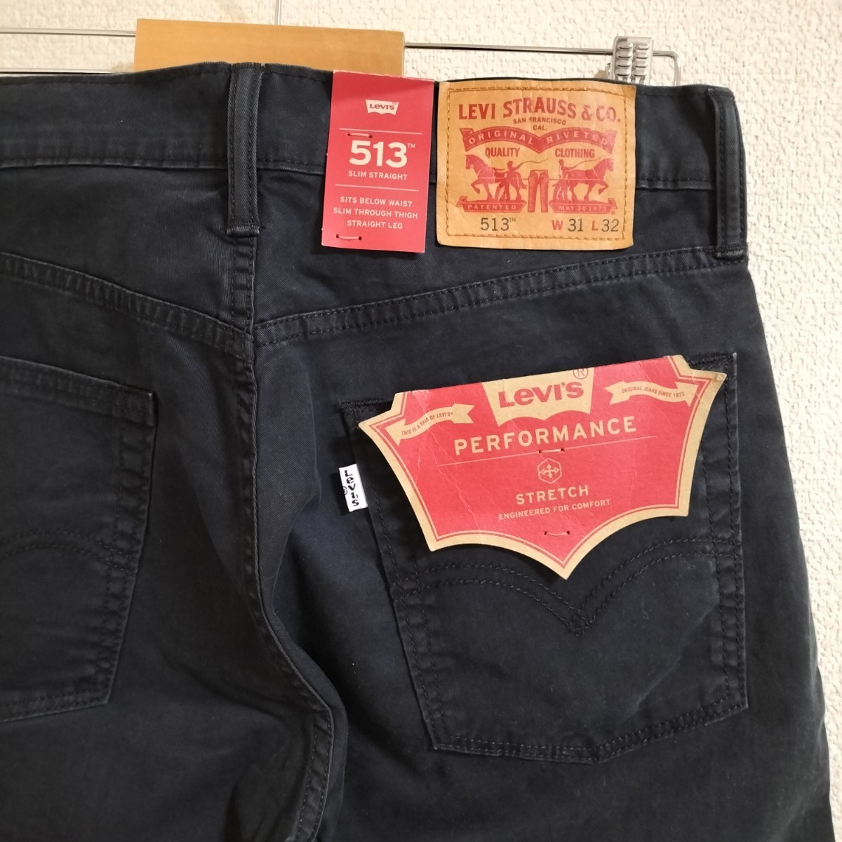 未使用☆Levi's 513 コットンパンツ スリムストレート ストレッチ ボトムス 黒 ジッパーフライ W31 タグ付 ボトムス リーバイス 古着 USED_画像1