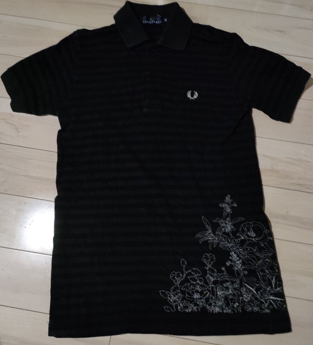 FRED PERRY Fred Perry polo-shirt one Point embroidery floral print border black black S size 