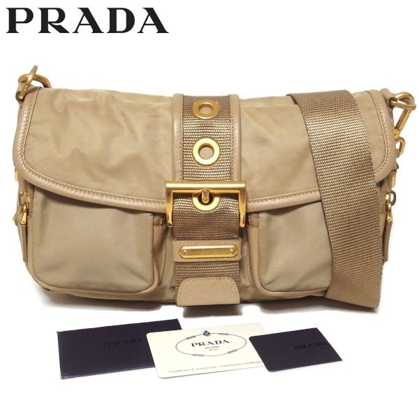 ★PRADA ベルトデザイン ナイロン レザー ショルダーバッグ BT0464 ベージュ 斜め掛け プラダ★_画像1