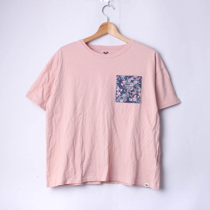 ロキシー 半袖Tシャツ 胸ポケット 花柄 コットン100% スポーツウエア レディース Lサイズ ピンク ROXY_画像1