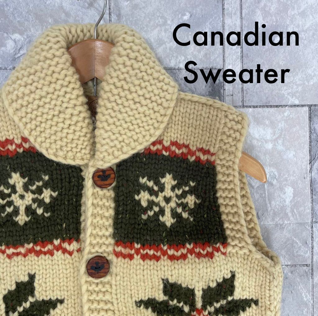 Canadian Sweater カナディアンセーター カウチンベスト ウール カナダ製 雪結晶 レディース サイズM相当　玉SS1039_画像1