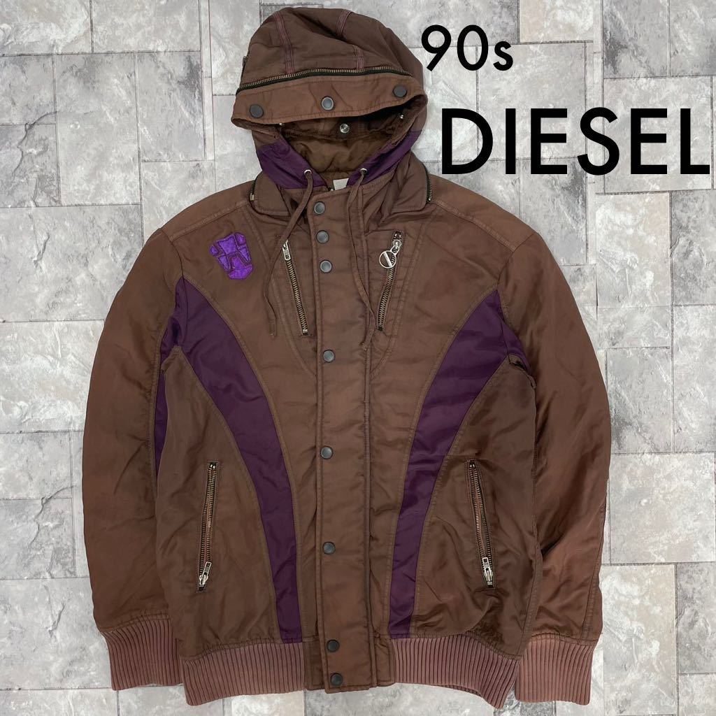 90s DIESEL ディーゼル ナイロンジャケット 中綿 フード収納可 ヴィンテージ加工 Y2K 切替デザイン ワインレッド サイズL 玉SS1027_画像1