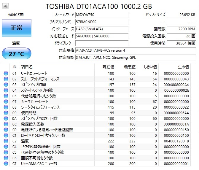 #0411-0815−27 動作確認済み TOSHIBA 東芝 1TB SATA HDD / DT01ACA100 / 3.5インチ 発送サイズ:60予定_画像2