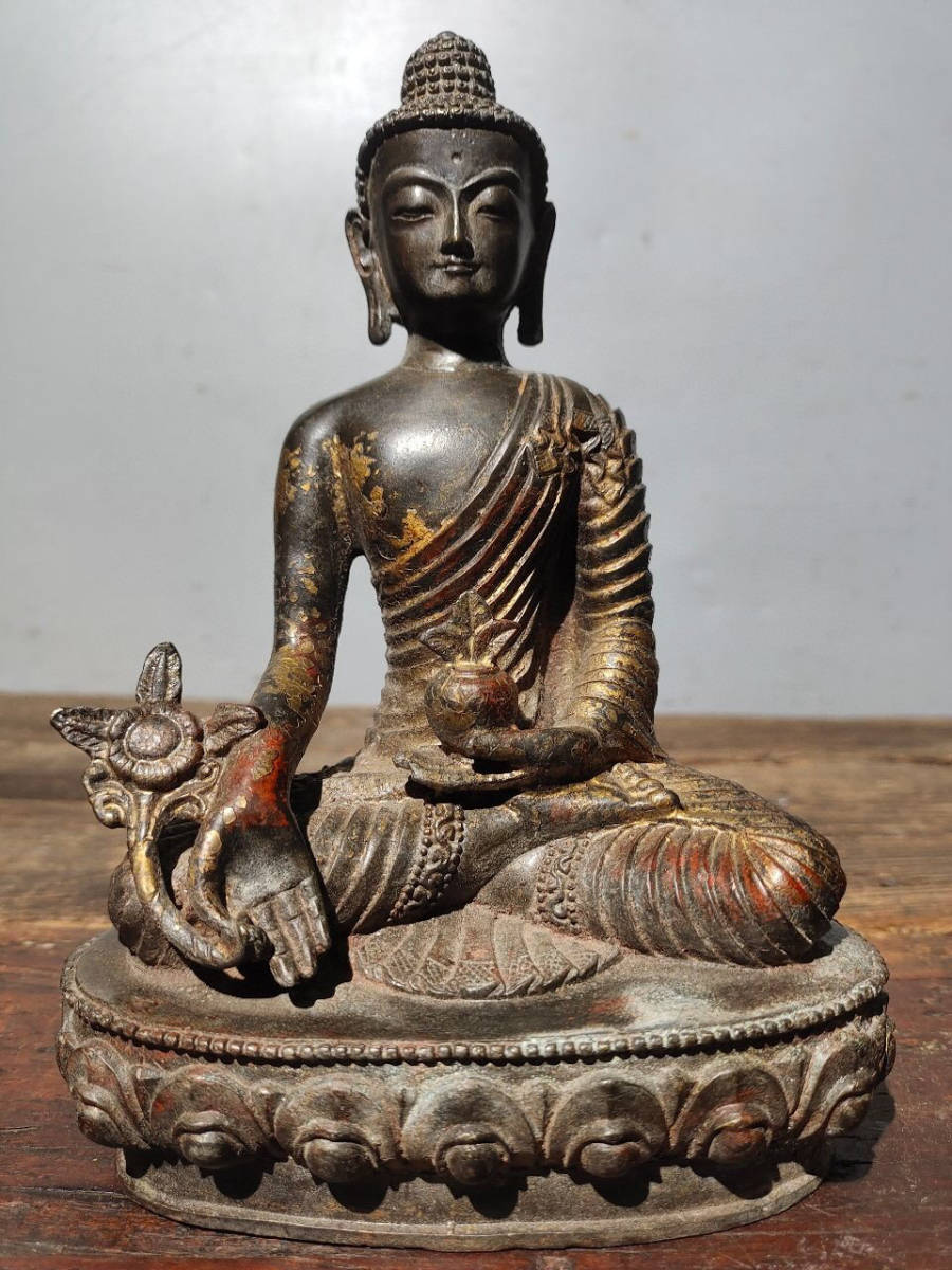 日本製】 釋迦牟尼藥師像 朱砂 泥金 【超珍館蔵】銅製 置物 稀少珍蔵品