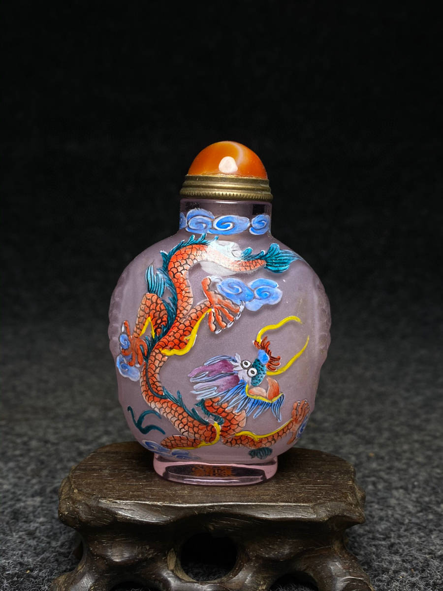 超珍館蔵】琉璃製 細密彫 龍紋 鼻煙壺 置物 古賞物 古美術品 稀少珍蔵品-