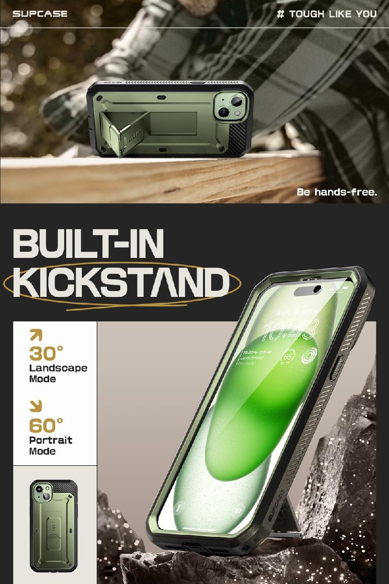 SUPCASE iPhone15 ケース 全面保護 耐衝撃 ケースと液晶保護フィルム一体型 腰かけクリップ付き 防塵 UBPro グリーン_画像4