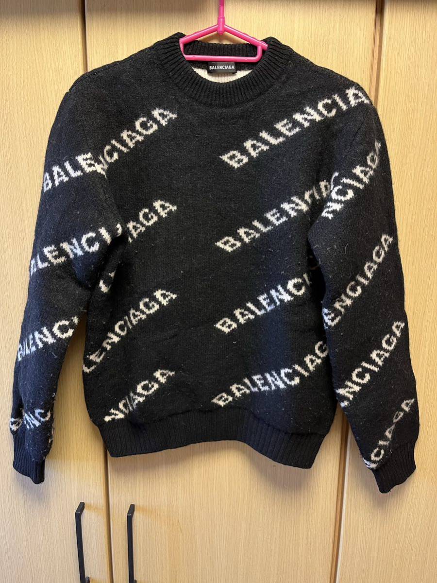 正規 18AW BALENCIAGA バレンシアガ ALL OVER LOGO CREWNECK KNIT ジャカード 総柄 ロゴ ウール ニット 黒 XS 555481 TI471