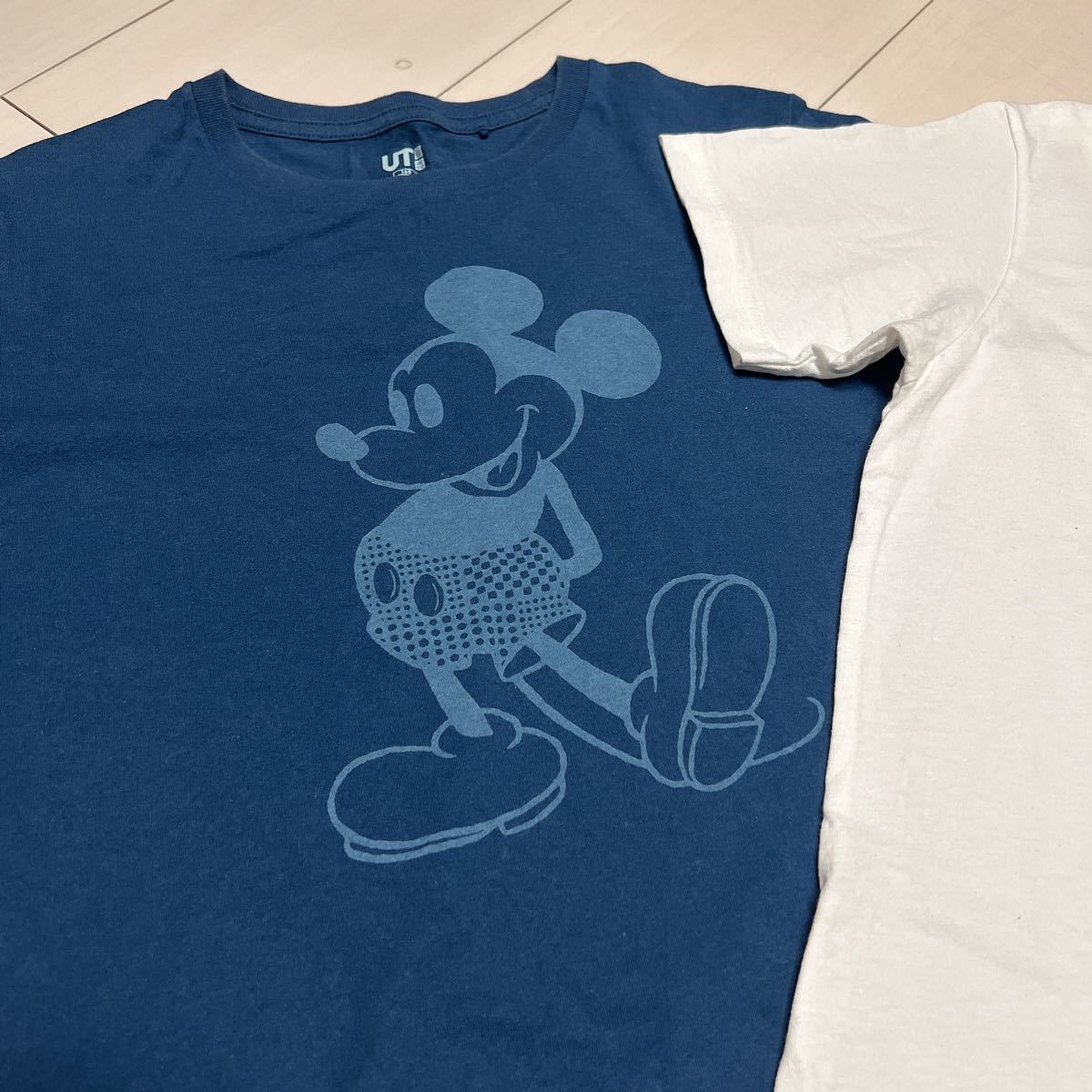 ユニクロ　半袖Tシャツ 160/S 2枚セット　コットン綿　ディズニーDisney ミッキーマウス/ミニーマウス　デニムブルー青ホワイト白　藍色_画像3