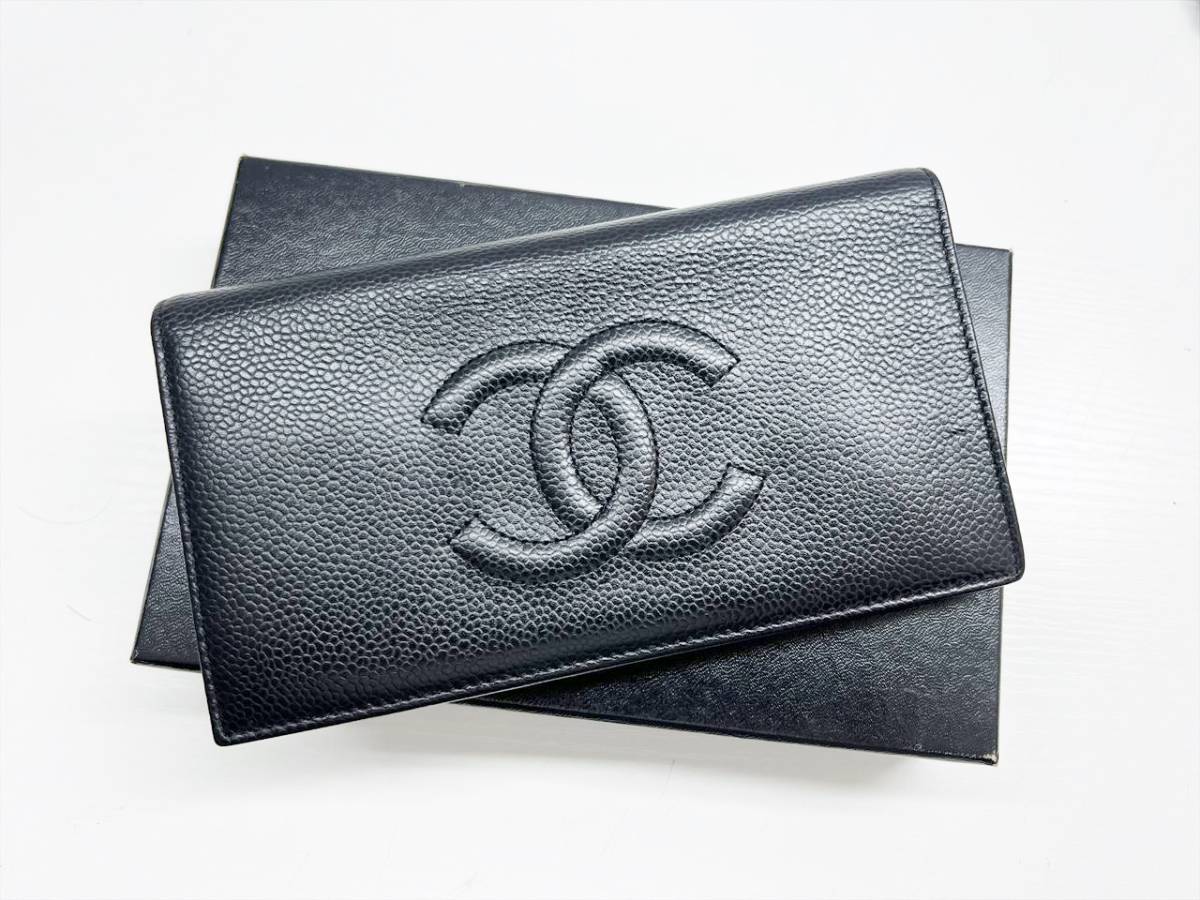 良好品　CHANEL　シャネル　キャビアスキン　ココマーク　二つ折り長財布　黒　11番