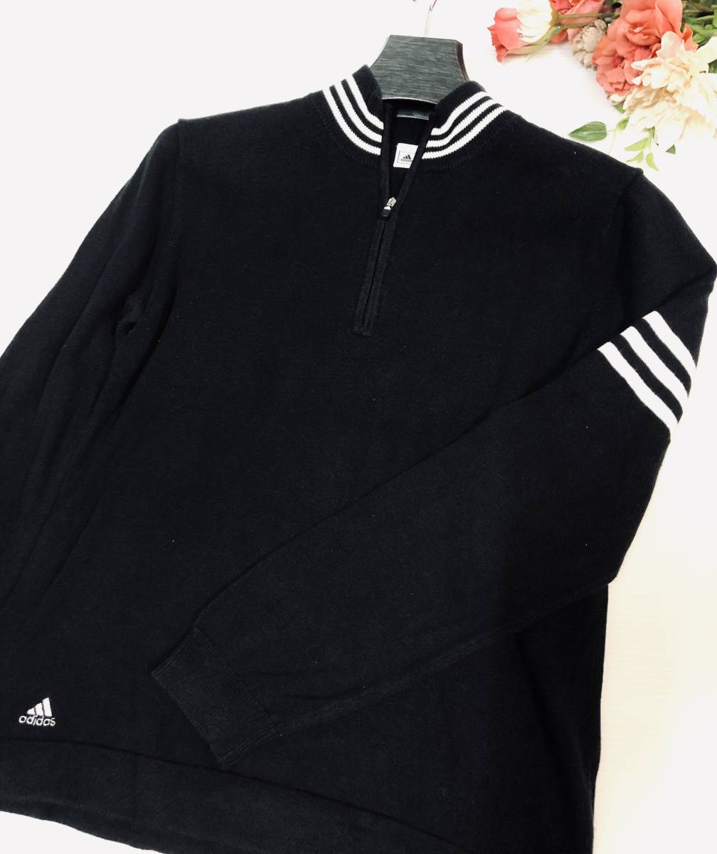  Adidas adidas Zip выше дизайн вязаный свитер Golf одежда черный × белый женский L