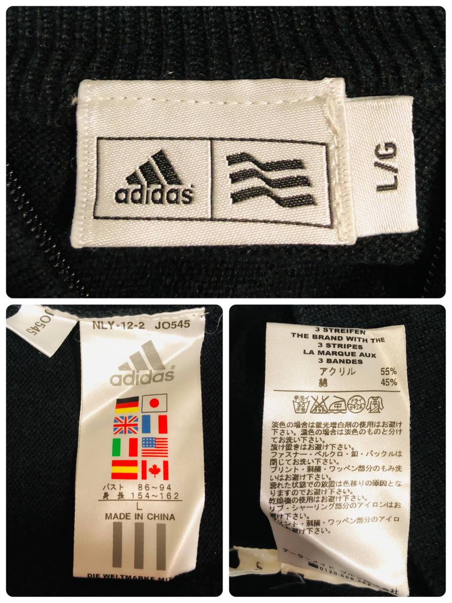  Adidas adidas Zip выше дизайн вязаный свитер Golf одежда черный × белый женский L