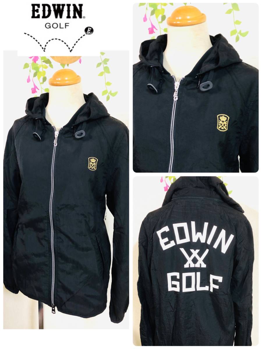 EDWIN GOLF　エドウィンゴルフ　バックプリント　取り外し可能フード付き　2wayジャンパー　長そで　ブラック　ゴルフウェア　レディースL