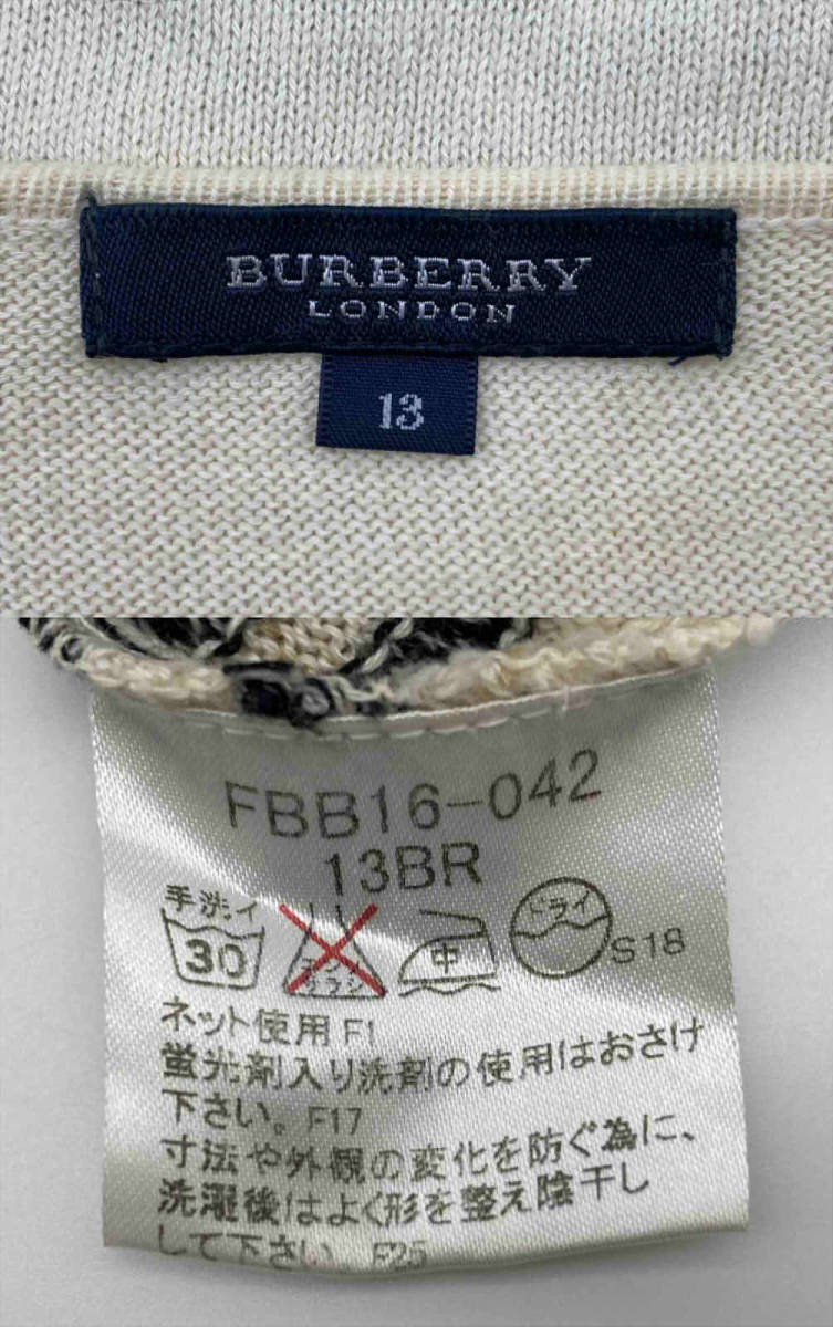 #63_0052 送料無料 【中古品】 [BURBERRY LONDON］ 半袖ニット 綿100% レディース 13サイズ クリームイエロー・黒・薄茶/バイアスチェックの画像9