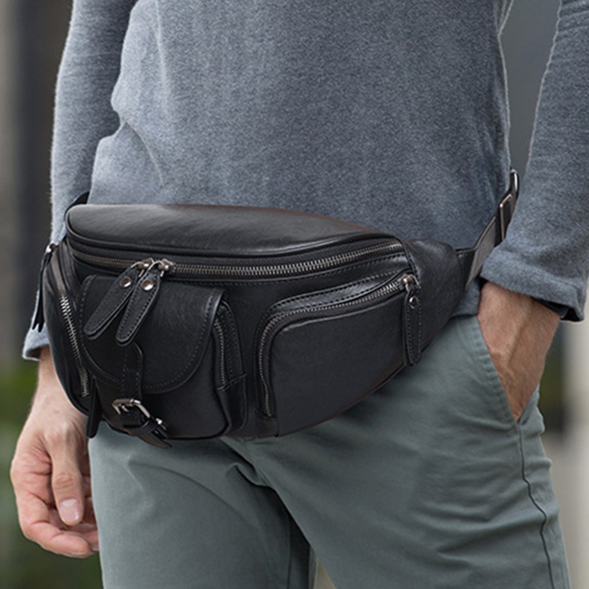 TIDING 対称設計 柔軟牛革 ウエストバッグ メンズ 本革 レザー ヒップバッグ 大容量 ポケット多い 自転車鞄 黒
